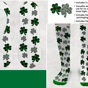May include: Three digital designs for socks featuring a green shamrock pattern with black and white checkered and leopard print variations. The designs are shown on a pair of no-show socks and a knee-high sock.