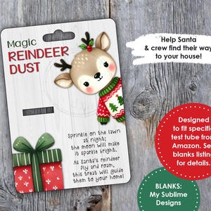 May include: A white card with a red and green reindeer illustration and the text "Magic Reindeer Dust". The card also includes instructions for using the dust to help Santa and his reindeer find your house. The card is designed to fit a specific test tube from Amazon.