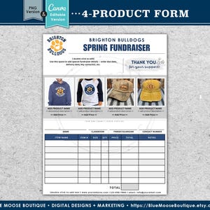 4 PRODUCT • Fundraiser Order Form Designs • DIY 4-Up • Canva • Spirit Wear • School • Flyers Templates • Digital Download Files png