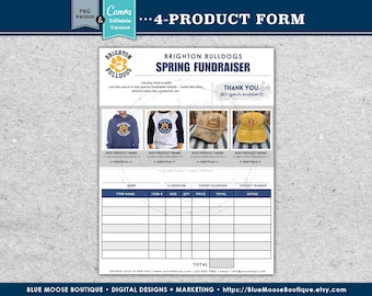 4 PRODUKT • Fundraiser Bestellformular Designs • DIY 4-Up • Leinwand • Spirit Wear • Schule • Flyer Vorlagen • Digital Download Dateien png