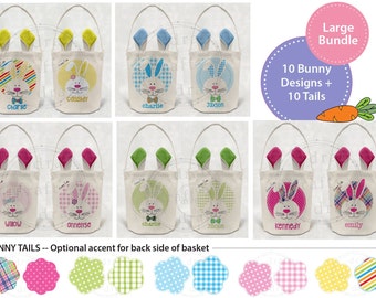 May include: A collection of Easter bunny-themed canvas tote bags with various bunny designs and names embroidered on them. Each bag has a handle and colorful bunny ears. The image also includes a graphic with the text "Large Bundle" and "10 Bunny Designs + 10 Tails".