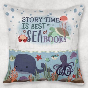 OCEAN • Book Pillow Design • 8&quot;H Pocket • Under the Sea • Sea Creatures • Reading Story Book Sublimation Design png Files - Digital Download