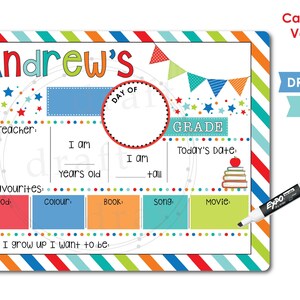 K&ouml;nnte beinhalten: Ein Trockenl&ouml;schboard mit einem bunten gestreiften Rand und dem Titel "Andrew's". Das Board hat Abschnitte zum Schreiben von Informationen &uuml;ber den Sch&uuml;ler, einschlie&szlig;lich seines Lehrers, seines Alters, seiner Klasse, seiner Lieblingsdinge und was er werden m&ouml;chte, wenn er gro&szlig; ist. Das Board ist f&uuml;r 8x10.25 Zoll ausgelegt.