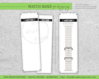 Könnte beinhalten: Zwei leere Verpackungsvorlagen für Armbänder mit einem weißen Armband mit einem gestreiften Muster auf der rechten Seite. Der Text auf der Verpackung lautet "--watch band--".
