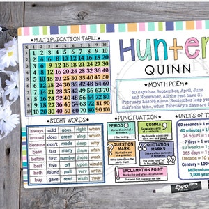 May include: A colourful educational chart for children featuring a multiplication table, sight words, punctuation marks, and units of time. The chart is decorated with a rainbow stripe pattern and includes the name "Hunter Quinn".
