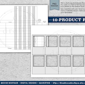 May include: A printable 10-product form with a customer information section, a product list, and a total amount section. The form is designed for use with a photo editing program like Canva. The form has a gray and white color scheme.