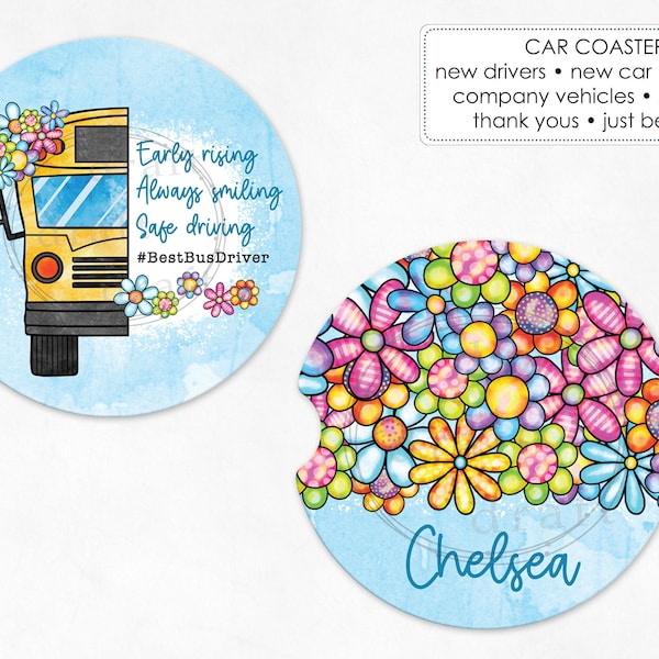 School Bus Driver • 2 Car Coaster Designs • Floral • Flowers • Digital Download Template Sublimation Files pngs