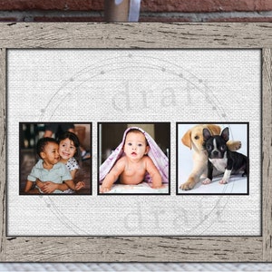 May include: A framed collage with three photos. The first photo shows two children, a boy and a girl, smiling at the camera. The second photo shows a baby lying on its stomach, looking up at the camera. The third photo shows a golden retriever puppy and a Boston terrier puppy playing together.
