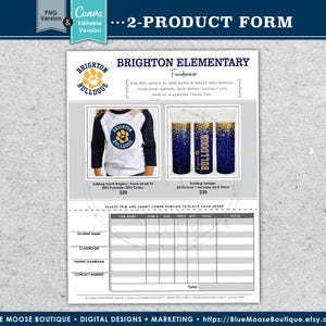 May include: A printable order form for a school fundraiser. The form features a blue and gold color scheme with a paw print logo. The form includes two product options: a youth t-shirt and a 20-ounce tumbler. The form also includes a section for student name, classroom, parent/guardian, and contact number.