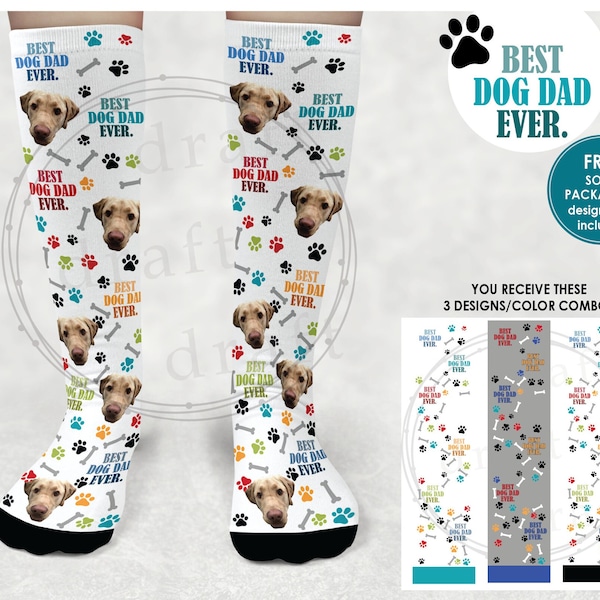BEST DOG DAD Ever Design • 3 Designs - Personalize w/ Photos Pics • Pet Fun & Silly Sock - Sublimation Template Digital Download png files