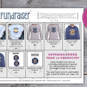 May include: A fundraising flyer for the Brighton Bulldogs featuring a variety of apparel and merchandise, including t-shirts, hoodies, and car coasters. The flyer includes a price list for each item and a section for adding additional product details.