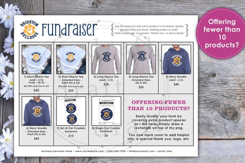 May include: A fundraising flyer for the Brighton Bulldogs featuring a variety of apparel and merchandise, including t-shirts, hoodies, and car coasters. The flyer includes a price list for each item and a section for adding additional product details.