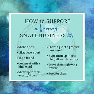 Może przedstawiać: Turkusowo-biała grafika z tekstem "HOW to SUPPORT a friend's SMALL BUSINESS FOR FREE" i listą sposobów na wsparcie małego biznesu przyjaciela.