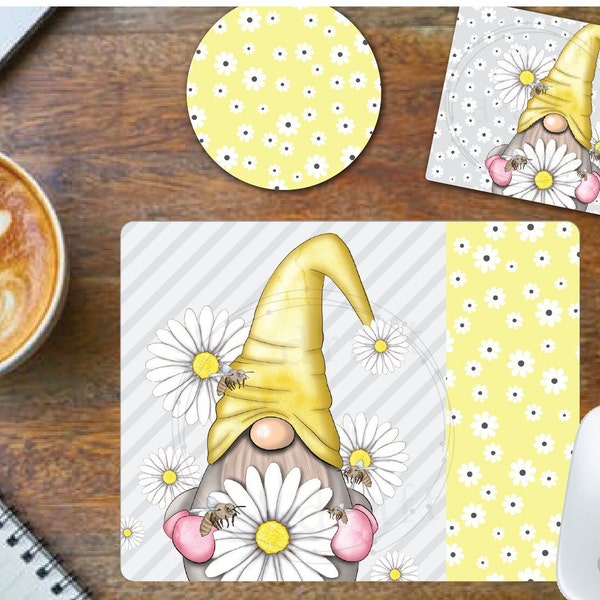 Daisy Bee GNOME - Mousepad Desk Set Designs • 3 Coordinating Files • Coasters • Mouse Pad • Digital Download Sublimation File png