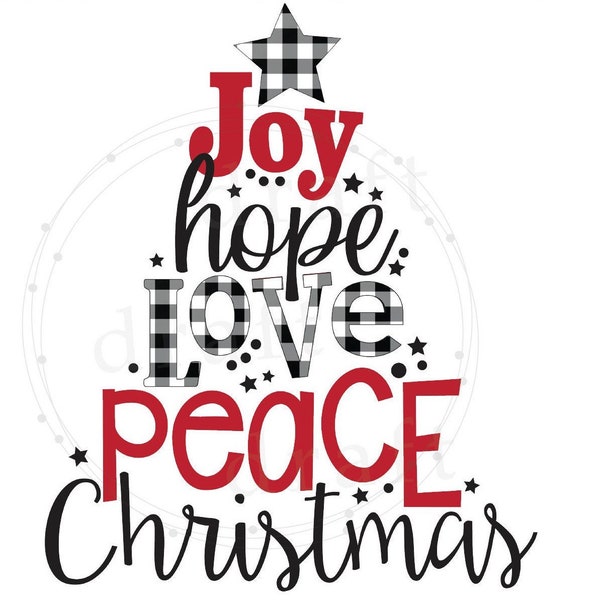 PEACE, LOVE, JOY Christmas Tree Design - Black and White Buffalo Plaid ==> Sublimation File png