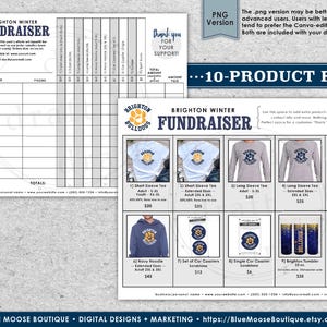 May include: A printable 10-product form for a Brighton Winter fundraiser. The form includes a list of items for sale, including t-shirts, long-sleeve shirts, hoodies, coasters, tumblers, and socks. The form also includes a section for participant names and phone numbers. The form is designed to be used for a school or community fundraiser.