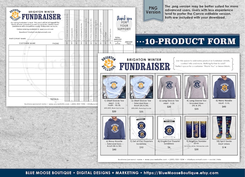 May include: A printable 10-product form for a Brighton Winter fundraiser. The form includes a list of items for sale, including t-shirts, long-sleeve shirts, hoodies, coasters, tumblers, and socks. The form also includes a section for participant names and phone numbers. The form is designed to be used for a school or community fundraiser.
