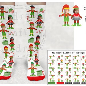May include: A set of six printable designs for personalized Christmas socks featuring a cartoon elf with a red hat, green pants, and a white shirt. The designs include a variety of poses and accessories, such as a gift box, candy canes, and a Christmas tree. The designs are perfect for creating unique and festive gifts for friends and family.