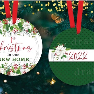 1º Natal NOVA CASA • 2 Desenhos • Enfeite de Natal Redondo • Em Nossa Casa - Primeiro, Círculo ==> Sublimação Baixar Arquivo de Design Digital Png
