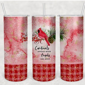 2 つのクリスマス カーディナル タンブラー デザイン • 水彩 • チェック柄 • 私はいつもあなたと一緒 • 赤 • 昇華デジタル ダウンロード デザイン 20 オンス。png ファイル