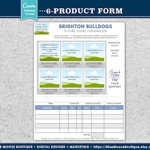 May include: A printable 6-product form for a fundraiser. The form has a blue and green color scheme with a cloud and grass design. It includes spaces for product names, descriptions, and prices. The form also has a section for customer information and a total amount due.