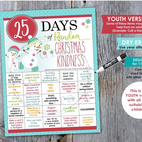 25 Days of Random Christmas/Holiday Kindness Design • YOUTH Version • Schools • Dry Erase Boards • Sublimation Digital Download File PNG