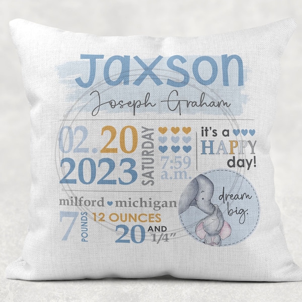 Baby Stats Elephant Birth Pillow Design • New Baby Gift • Dream Big • Add Birth Stats • Blue • Digital Download Sublimation Design File png