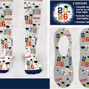 3 - 2026 GRADUATION SOCKS Designs • Primary Colors • #Done • Fun • Graduate • Sublimation Digital Download Template png File