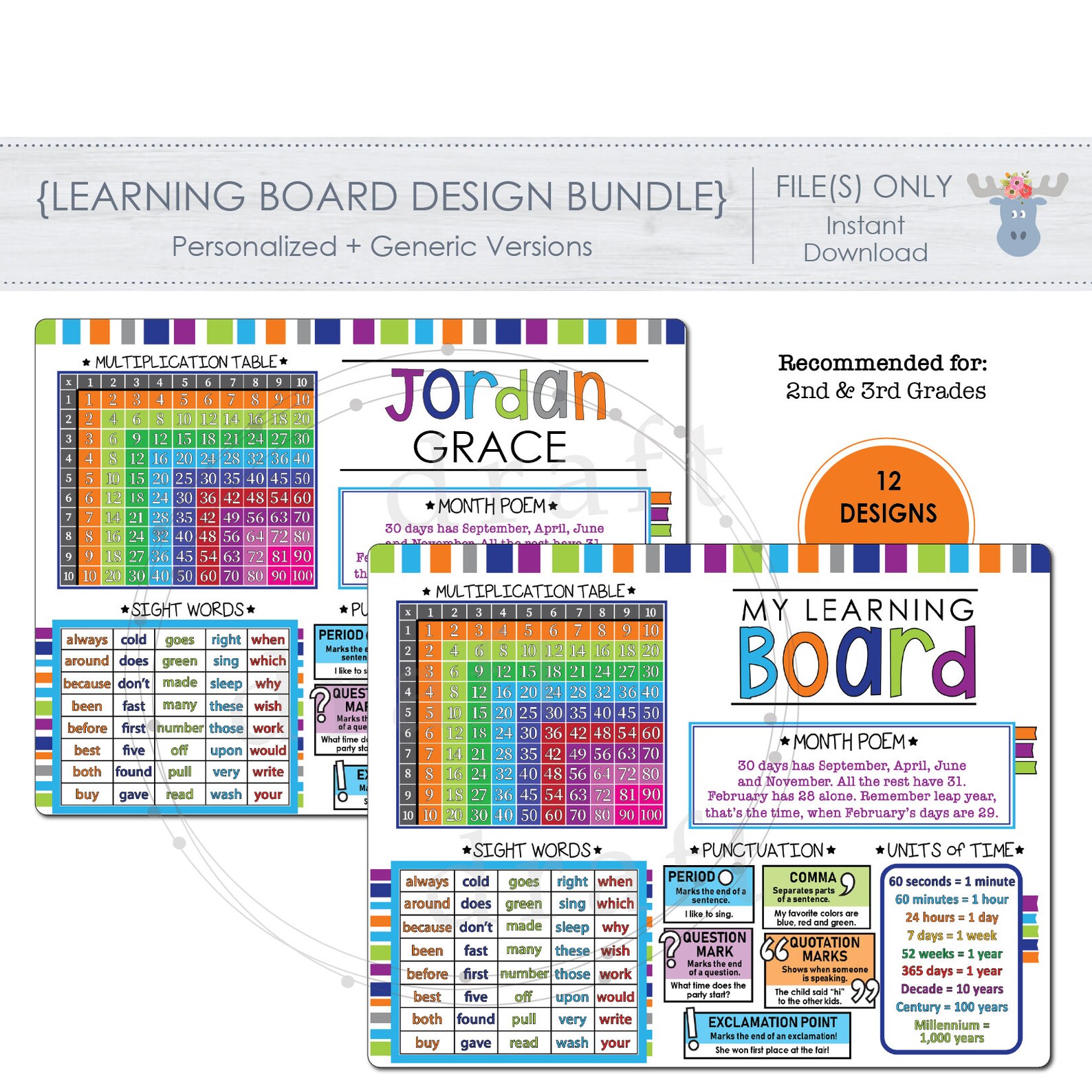 LEARNING BOARD BUNDLE of 12 Designs • Dry Erase Boards • Multiplication ...
