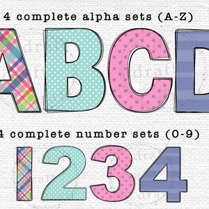 May include: Four colorful alphabet letters A, B, C, and D with different patterns, including plaid, polka dots, and stripes. Below are four numbers 1, 2, 3, and 4 with the same patterns.