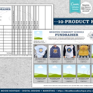 May include: A printable 10-product form for a school fundraiser. The form includes a product order sheet, a thank you message, and images of different products. The products include t-shirts, sweatshirts, and hats. The form is editable and can be customized with your own information.