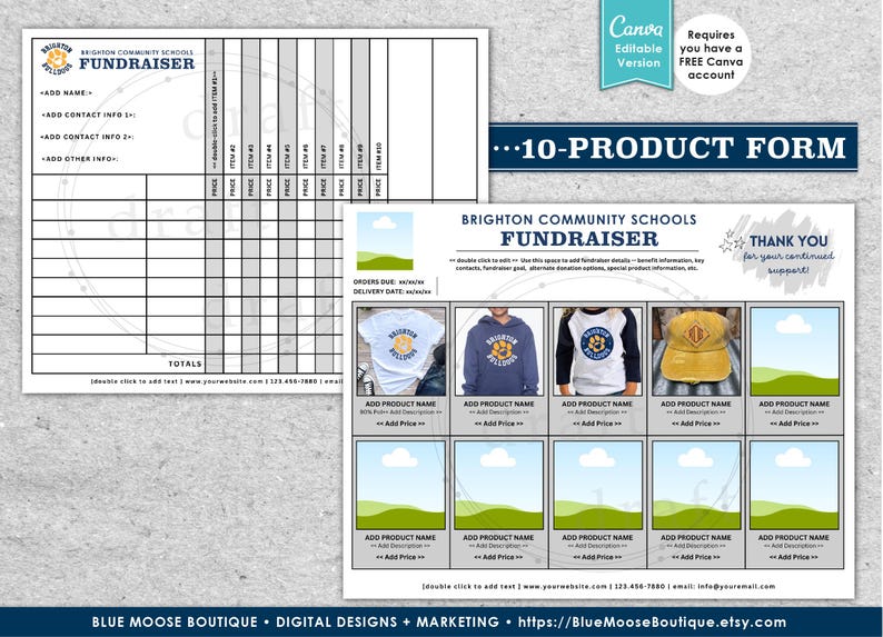 May include: A printable 10-product form for a school fundraiser. The form includes a product order sheet, a thank you message, and images of different products. The products include t-shirts, sweatshirts, and hats. The form is editable and can be customized with your own information.