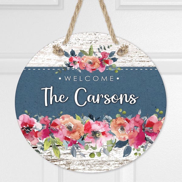 Round Door Hanger Designs • Blue Floral • Welcome & Room to Personalize - Sublimation Digital Download Template Design png