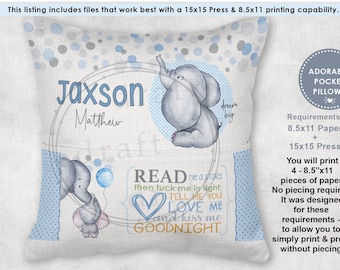 SŁONIE • Projekt poduszki w kształcie książki • Kieszeń 8"H • 8,5 x 11 • Czytanie • Projekt pliku sublimacyjnego • Baby Shower • Pliki png do pobrania cyfrowego