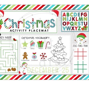 May include: A Christmas-themed activity placemat with a red and white striped border. The placemat features a maze, a Christmas vocabulary section, a tic-tac-toe game, and a coloring page of a Christmas tree. The placemat is 18 inches by 12 inches.