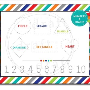 May include: A white worksheet with a colorful striped border. The worksheet has a dotted line with numbers 1 through 10. There are also dotted outlines of shapes: circle, square, triangle, diamond, rectangle, and heart. The text "Numbers & Shapes" is in a blue circle at the top right corner.