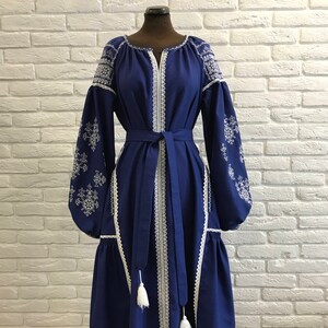 Ukrainian Embroidered Dress Boho Dress dark blue Embroidered Dress Bohemian Evening  Dress Ukrainian Dress Maxi long