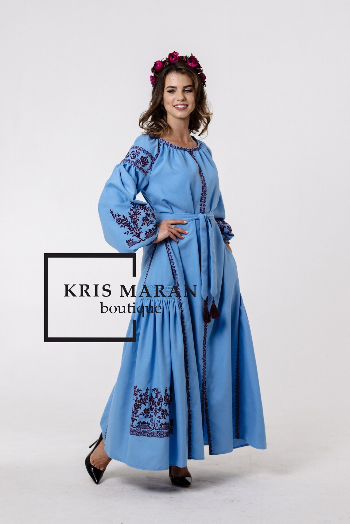 Bohemian Embroidered Dress Boho Dress Ukrainian Blue Etsy