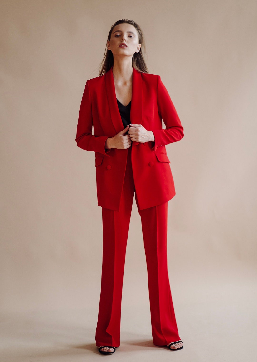 Anniversary Red Suit Women Blazer With High Waisted Wide Leg - Etsy