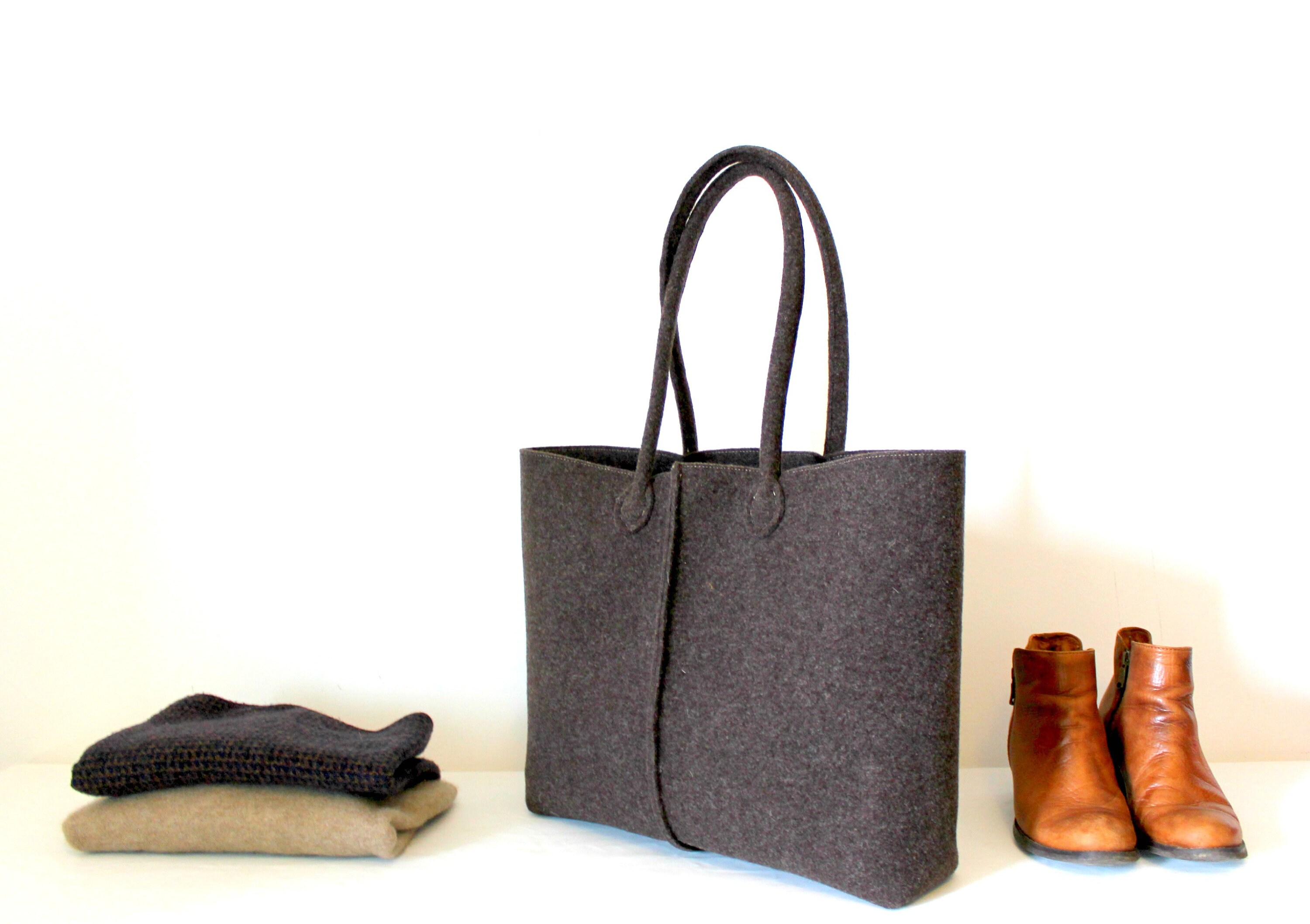 Felt Shoulder Tote Brown Felt Tote Felt Bag Custom Bag Etsy
