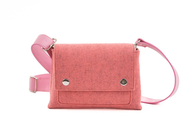 Simple Crossbody Bag, Vegan Leather Purse, Wool Felt Purse, Pink Purse, Vegan Crossbody Bag, Vegan Leather and Wool Felt Purse image 3