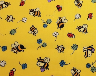 Yellow - Bees Ladybirds Flowers - Rose & Hubble - 100% Cotton Poplin Fabric - 44" (112cm) wide