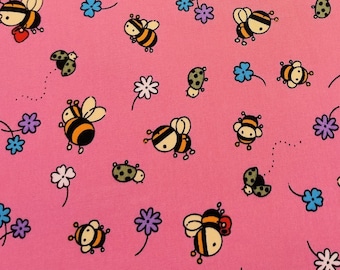 Pink - Bees Ladybirds Flowers - Rose & Hubble - 100% Cotton Poplin Fabric - 44" (112cm) wide