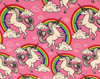 White Unicorns and Rainbows on Pink - 100% Cotton Poplin Dress Fabric - Metre/Half - 44" (112cm) wide