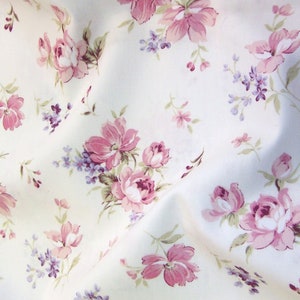 Pink Flowers on Ivory Floral 100% Cotton Poplin Dress Fabric Material - Metre/Half - 44" (112cm) wide