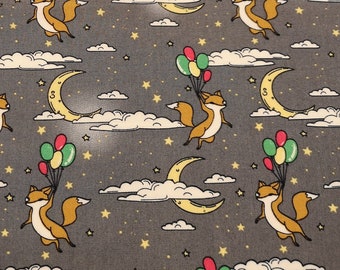 Grey - Flying Fox with Balloons - 100% Cotton Poplin Dress Fabric - Metre/Half - 44" (112cm) wide