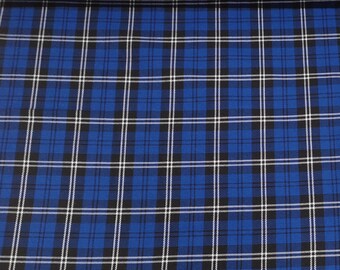 Blue/White/Black - Tartan Fabric - PolyViscose - Metre/Half - 59" (150cm) wide