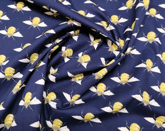 Honey Bees on Navy Blue - 100% Cotton Poplin Dress Fabric - Material - Metre/Half - 44" (112cm) wide