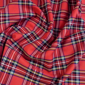 Red Royal Stewart Small Tartan Fabric PolyViscose Metre/Half 59 150cm wide image 1