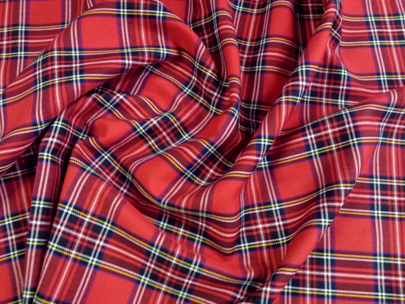 Red Royal Stewart Small Tartan Fabric PolyViscose Metre/Half 59 150cm wide image 1